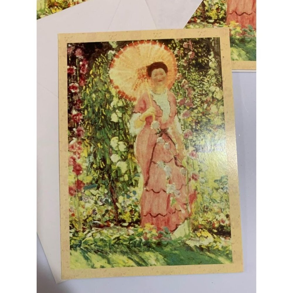 3 Vintage Notecards “Hollyhocks” Artwork Frederick Carl Frieseke Victorian 90s